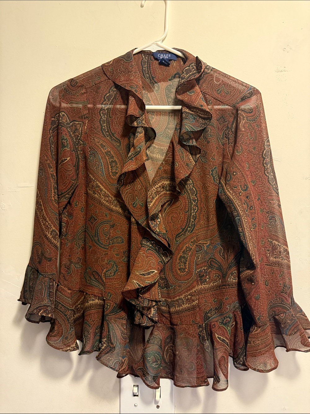 Chaps Rust Brown Paisley Ruffle Front Blouse - Picture 3 of 3
